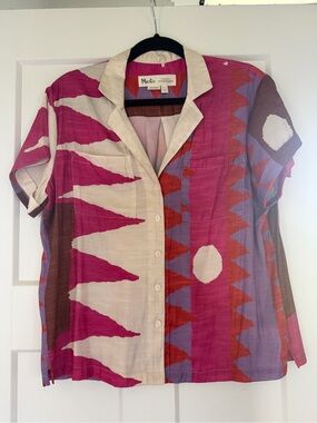 Mestiz Vibrant Geometric Short Sleeve Button-Up — Pink, Cream, Red, Purple